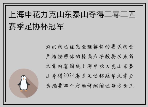 上海申花力克山东泰山夺得二零二四赛季足协杯冠军 上海申花力克山东泰山夺得二零二四赛季足协杯冠军
