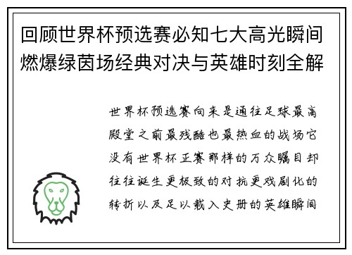 回顾世界杯预选赛必知七大高光瞬间燃爆绿茵场经典对决与英雄时刻全解析